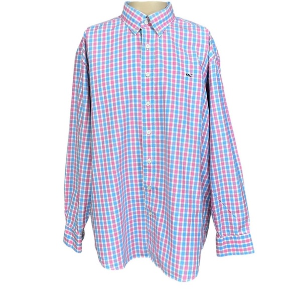 Vineyard Vines XL Whale Button Down Shirt Blue Pink Preppy Spring Cotton - Picture 1 of 10